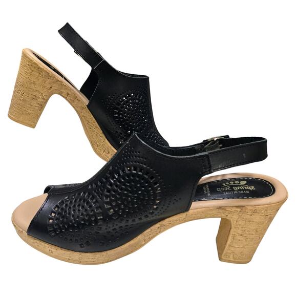 Spring Step Comfort 3" Cork-Heel Black-Perforated-Leather Women 41-10.5 Sandals - Picture 4 of 7
